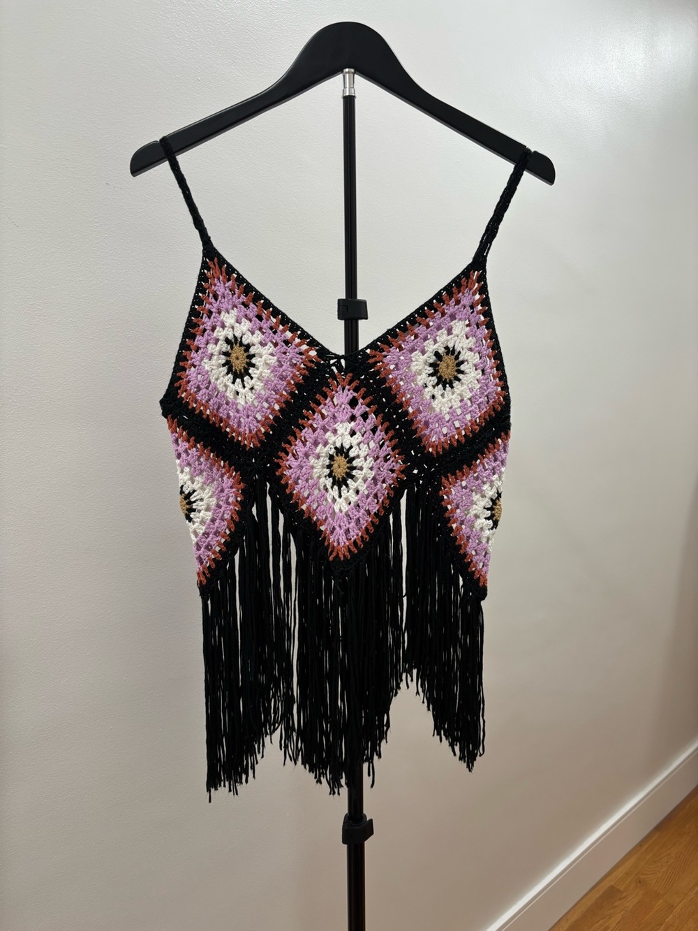 814. Handmade Crochet Fringe Crop Top in Black, Pink & White